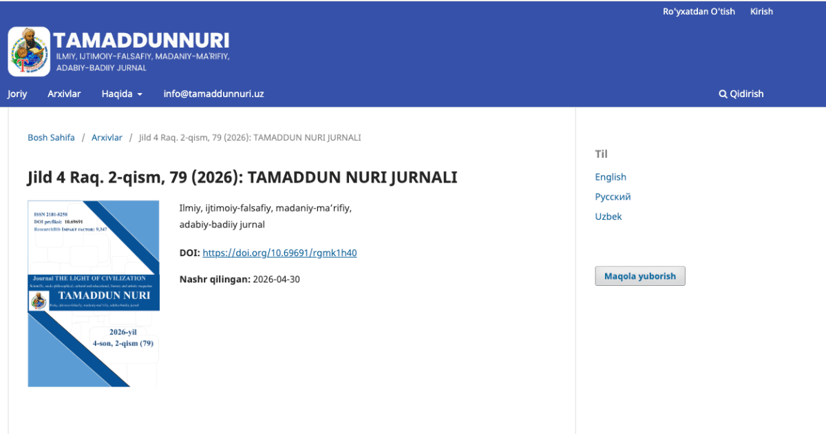 Tamaddun nuri - ilmiy, ijtimoiy-falsafiy, madaniy-ma'rifiy, adabiy-badiiy jurnal
